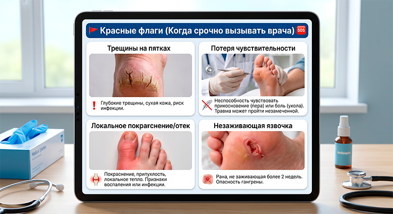 Клинические симптомы и тревожные признаки синдрома диабетической стопы: трещины, язвы, потеря чувствительности.