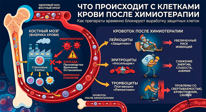 Схема влияния химиотерапии на деление клеток костного мозга: лейкоциты, тромбоциты и эритроциты.