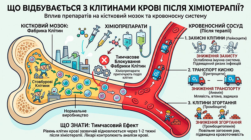Схема влияния химиотерапии на деление клеток костного мозга: лейкоциты, тромбоциты и эритроциты.