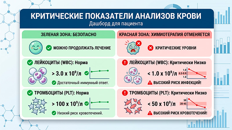 Таблица критических уровней лейкоцитов и тромбоцитов, при которых откладывают химиотерапию.