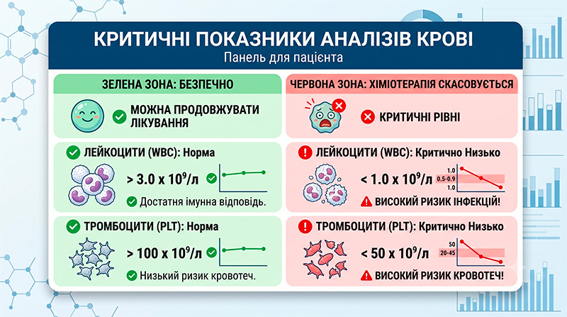 Таблиця критичних рівнів лейкоцитів та тромбоцитів, при яких відкладають хіміотерапію.